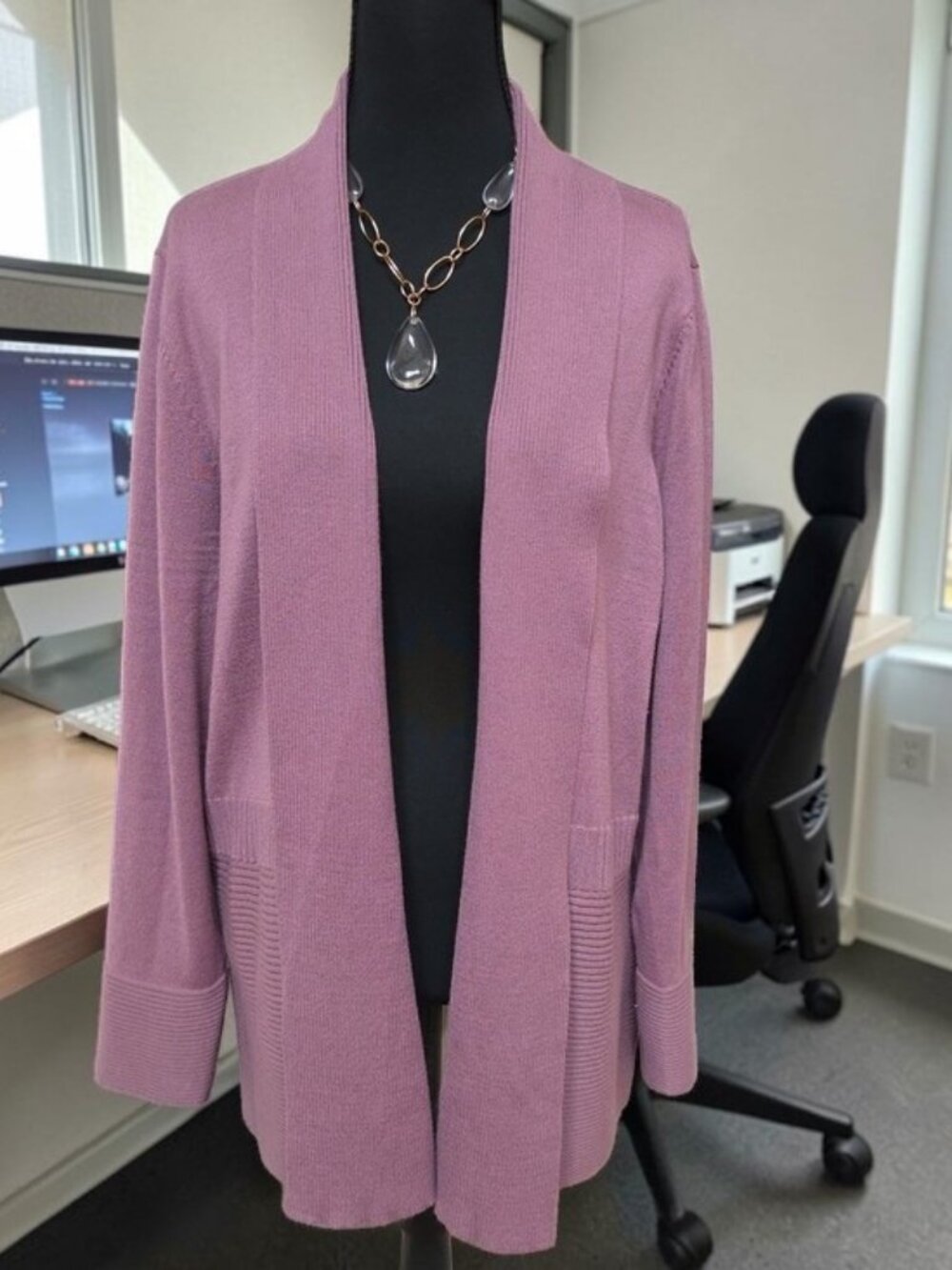 Liz Claiborne Women’s Mauve Ribbed Trim Knit Open Front Cardigan ✨ Size: XL NWOT